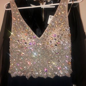 Blondie Nites Navy Beaded Mesh Dress NWT